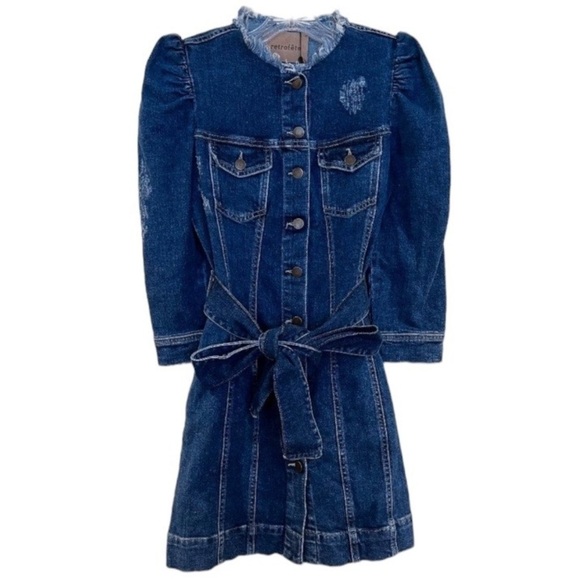 Retrofete Dresses & Skirts - Retrofete Jaime Denim Button Down Quarter Sleeve Tie Waist Distressed Mini Dress